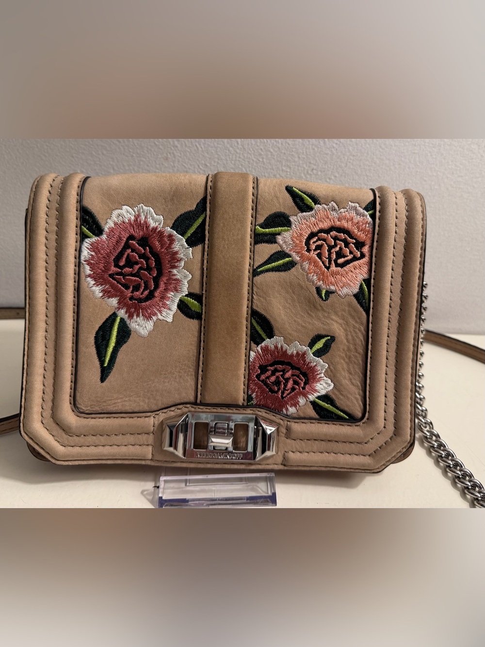 Rebecca Minkoff tan leather/suede bag with embroidered flowers & silver hardware